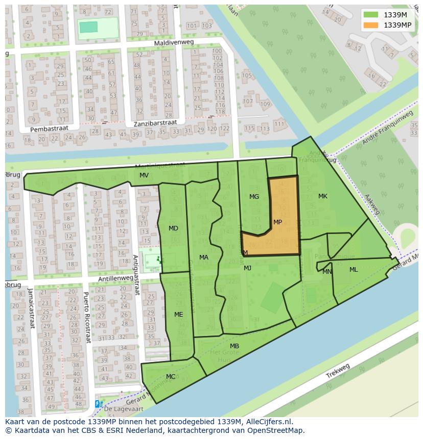 Afbeelding van het postcodegebied 1339 MP op de kaart.