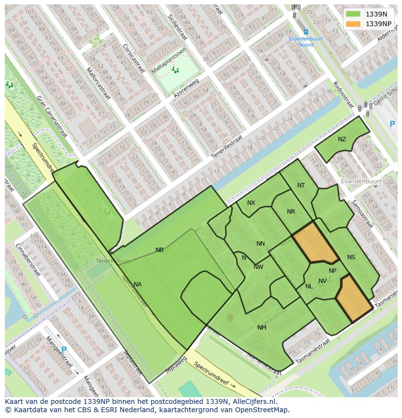 Afbeelding van het postcodegebied 1339 NP op de kaart.