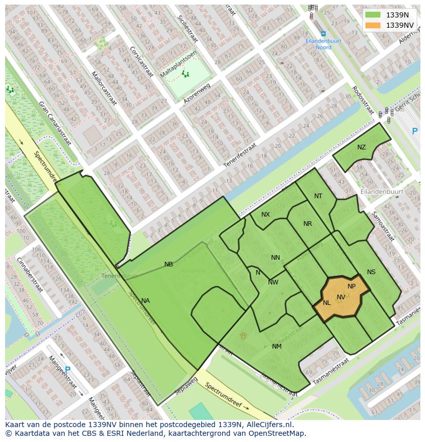 Afbeelding van het postcodegebied 1339 NV op de kaart.