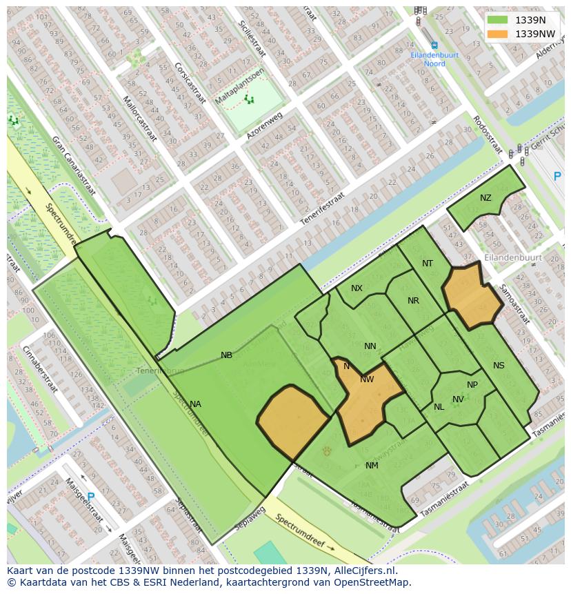 Afbeelding van het postcodegebied 1339 NW op de kaart.