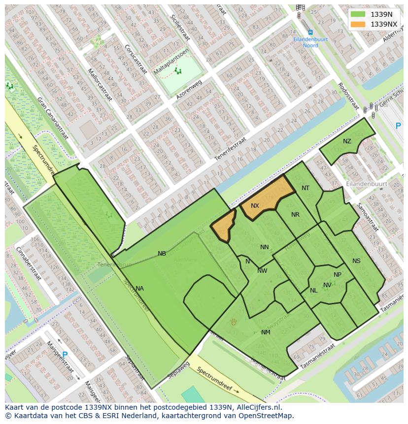 Afbeelding van het postcodegebied 1339 NX op de kaart.