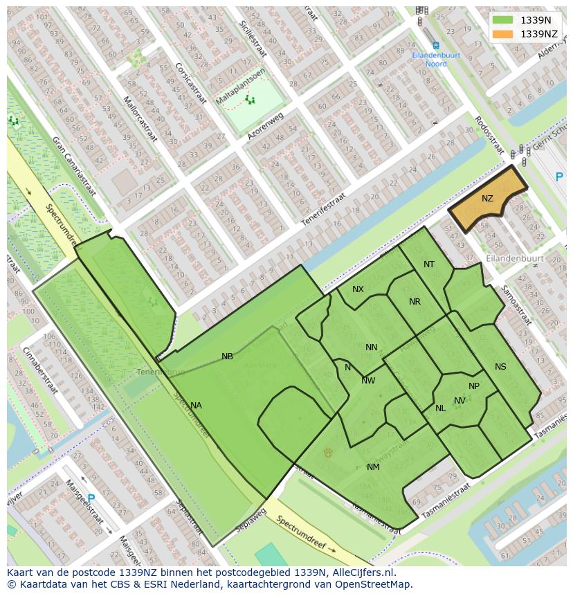 Afbeelding van het postcodegebied 1339 NZ op de kaart.
