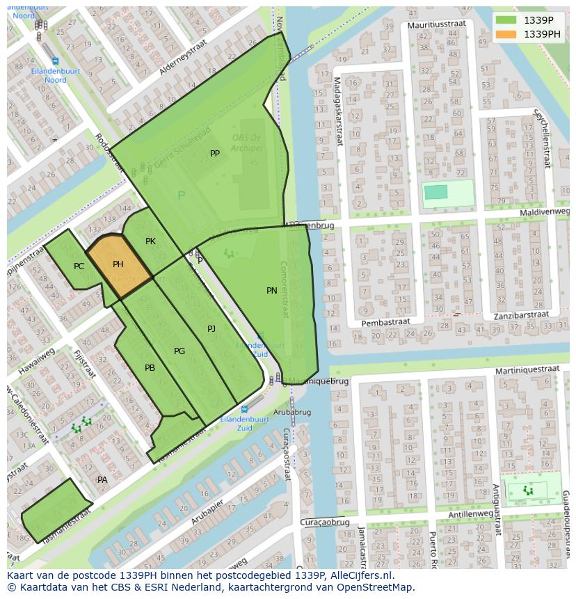 Afbeelding van het postcodegebied 1339 PH op de kaart.
