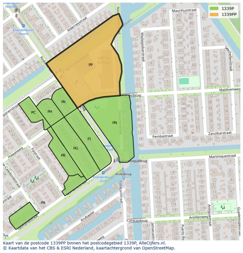 Afbeelding van het postcodegebied 1339 PP op de kaart.