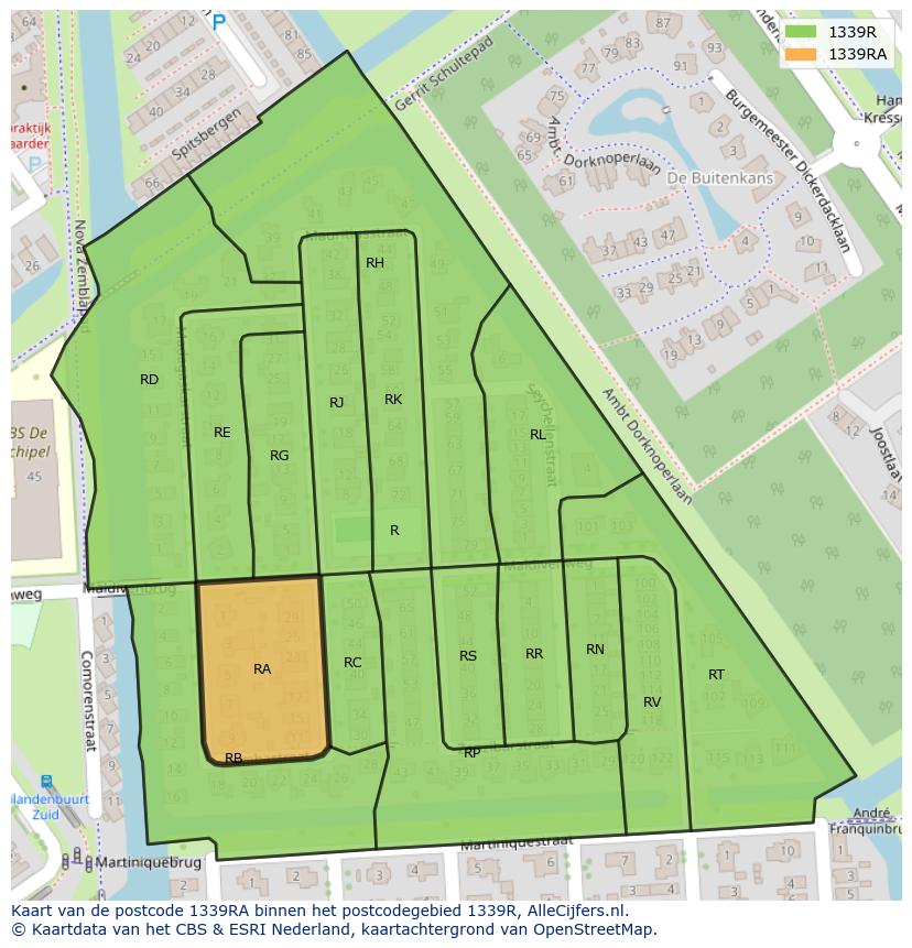 Afbeelding van het postcodegebied 1339 RA op de kaart.