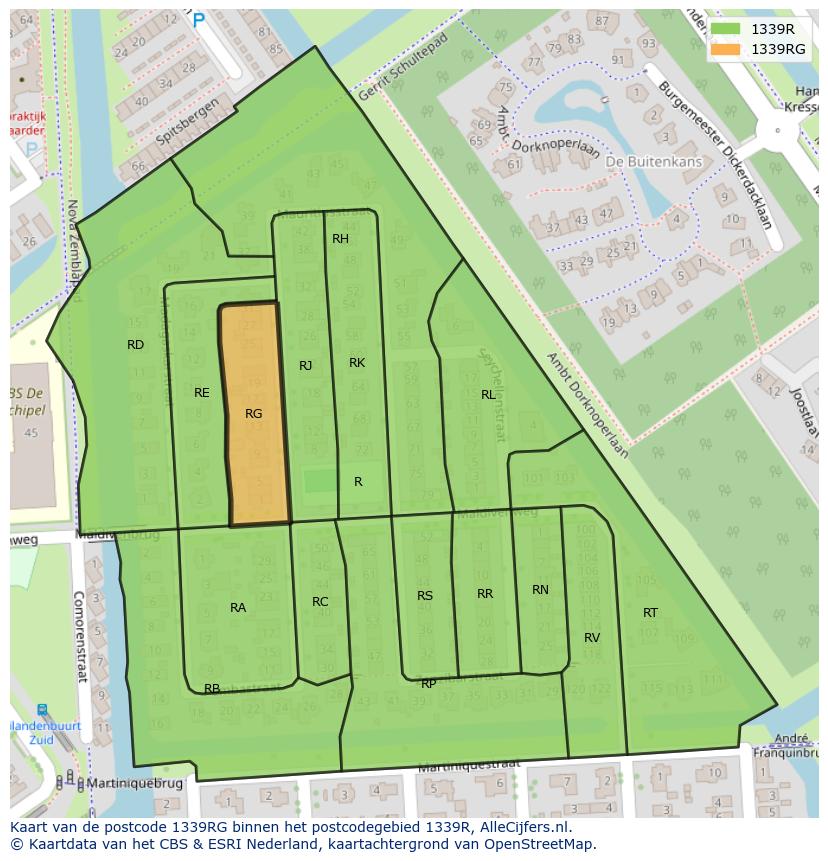 Afbeelding van het postcodegebied 1339 RG op de kaart.