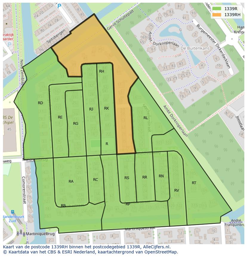 Afbeelding van het postcodegebied 1339 RH op de kaart.