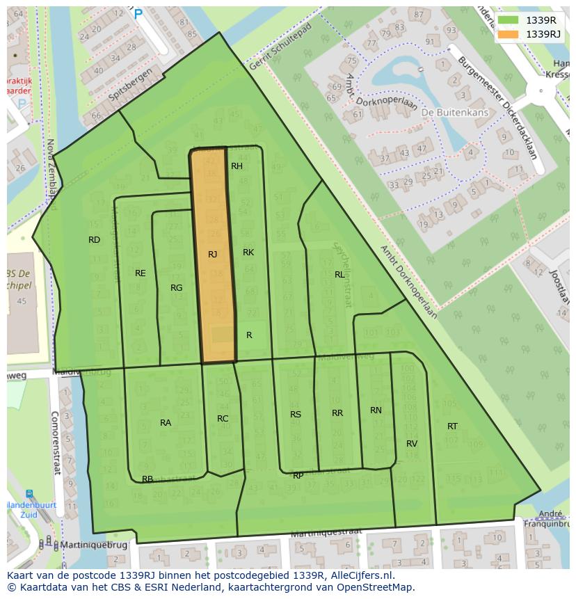 Afbeelding van het postcodegebied 1339 RJ op de kaart.
