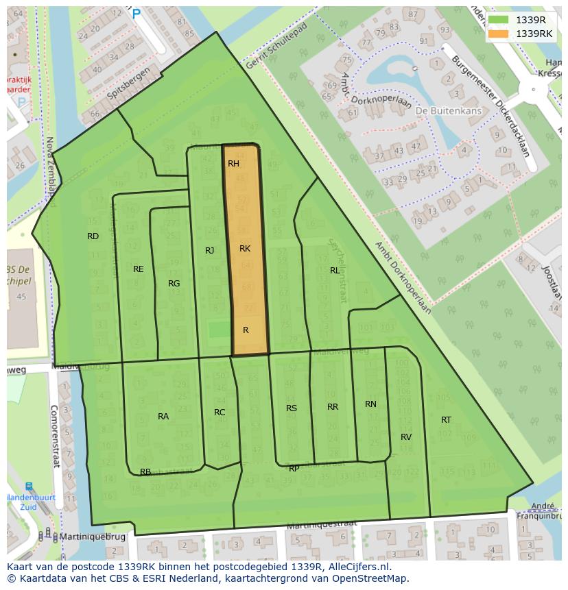 Afbeelding van het postcodegebied 1339 RK op de kaart.