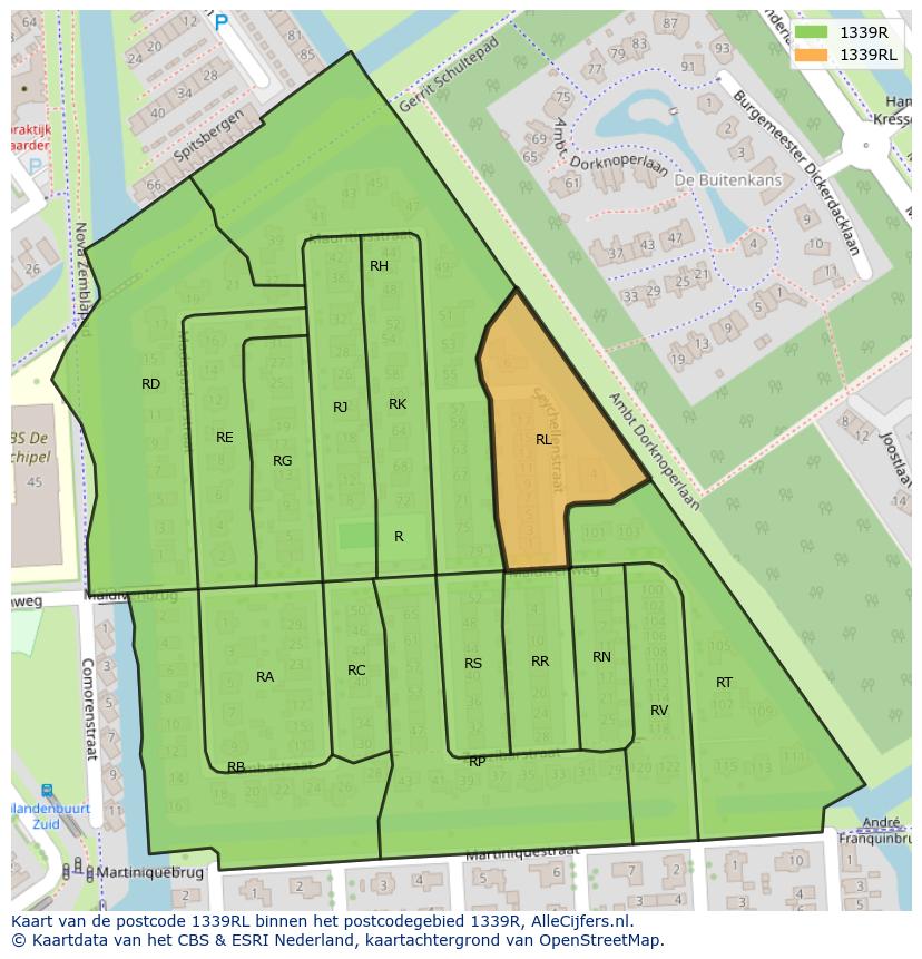 Afbeelding van het postcodegebied 1339 RL op de kaart.