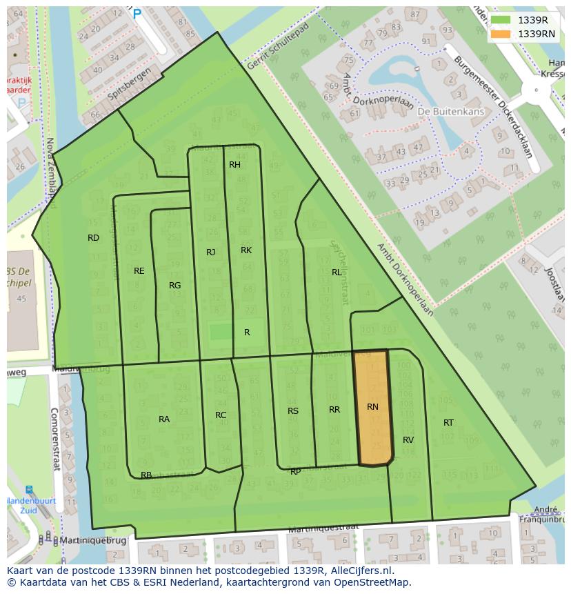 Afbeelding van het postcodegebied 1339 RN op de kaart.