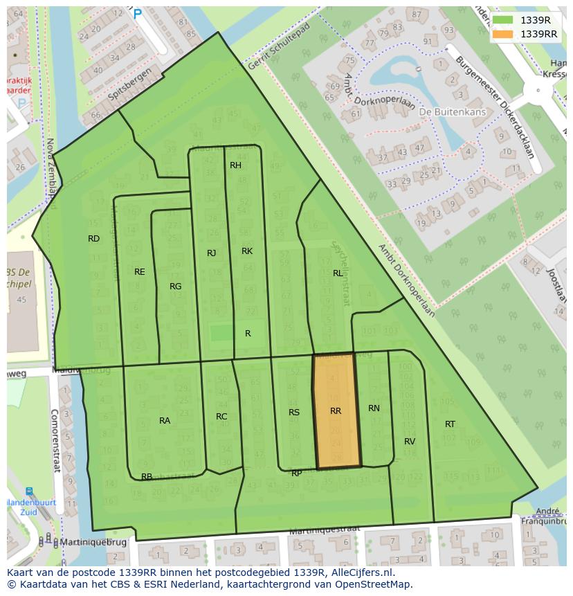 Afbeelding van het postcodegebied 1339 RR op de kaart.