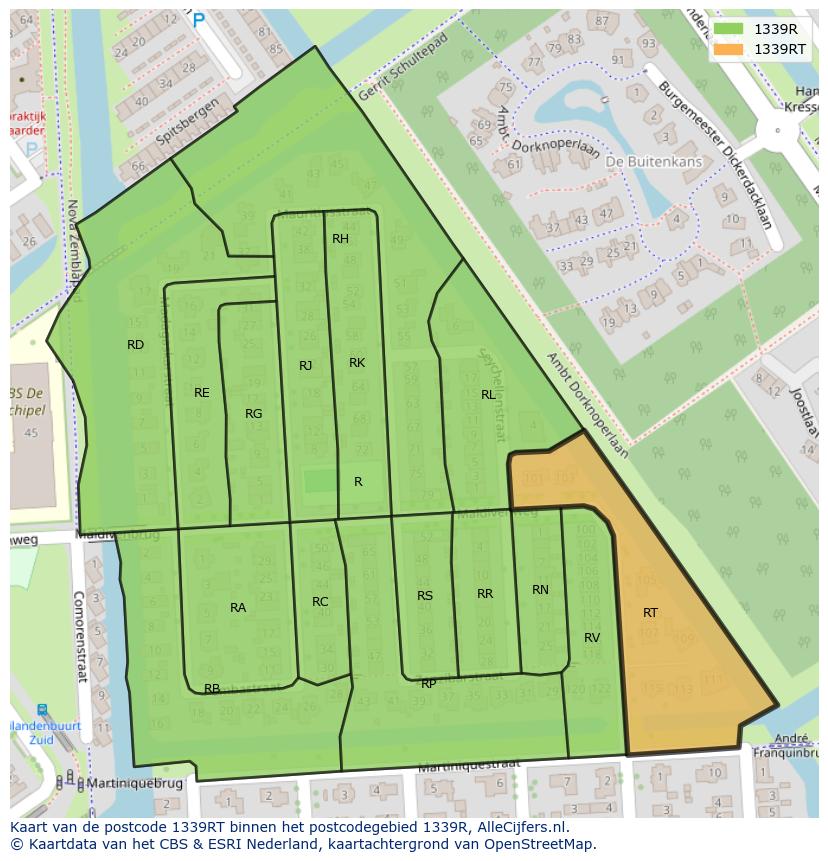 Afbeelding van het postcodegebied 1339 RT op de kaart.