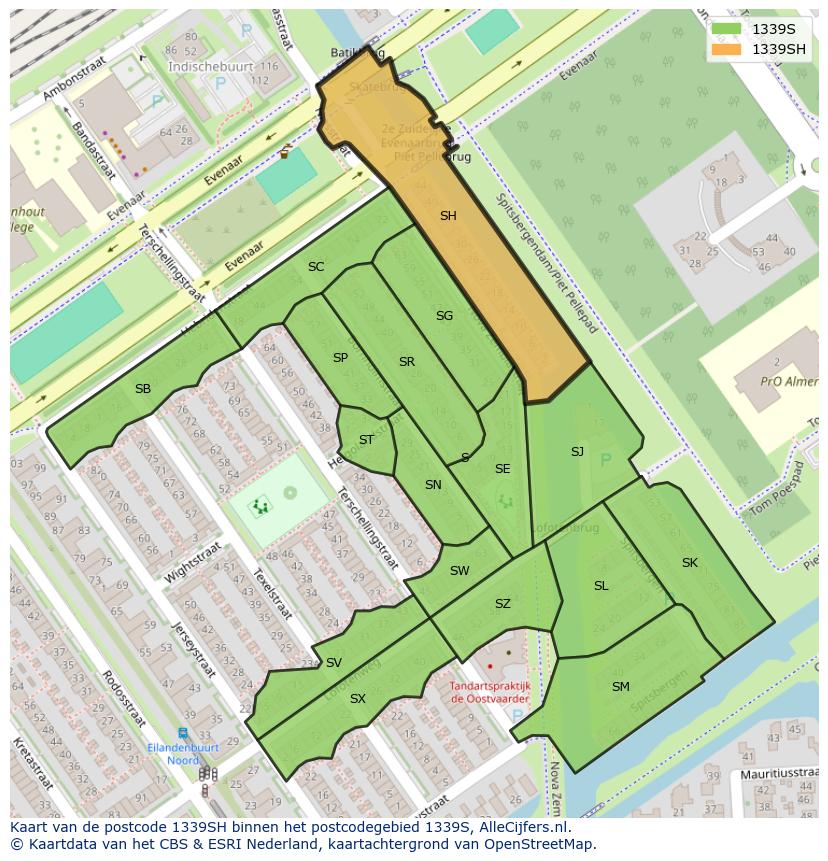 Afbeelding van het postcodegebied 1339 SH op de kaart.