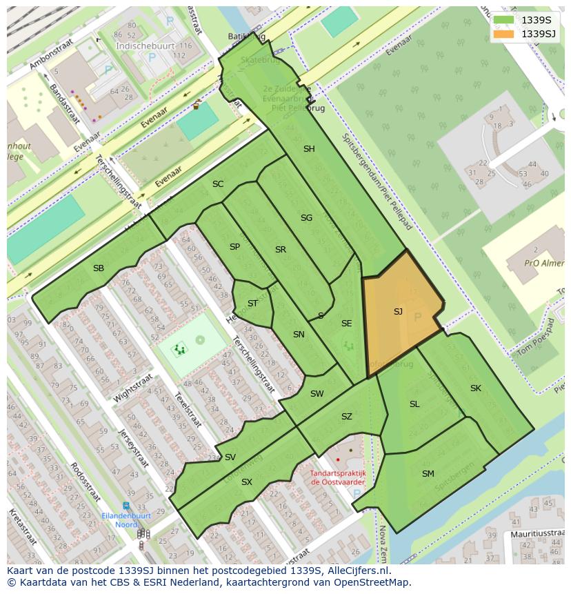 Afbeelding van het postcodegebied 1339 SJ op de kaart.