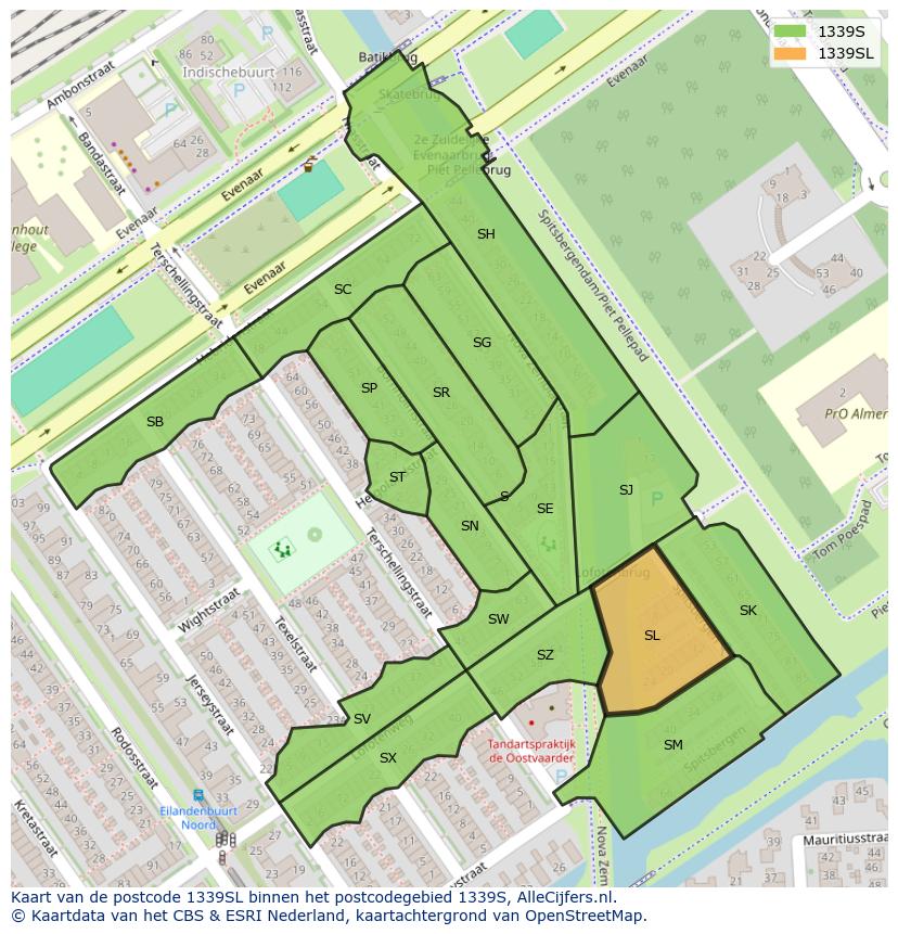 Afbeelding van het postcodegebied 1339 SL op de kaart.