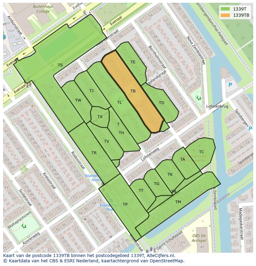 Afbeelding van het postcodegebied 1339 TB op de kaart.