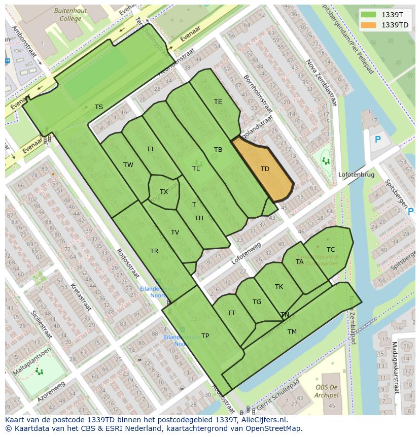 Afbeelding van het postcodegebied 1339 TD op de kaart.