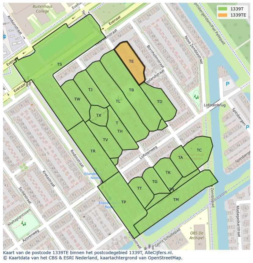 Afbeelding van het postcodegebied 1339 TE op de kaart.