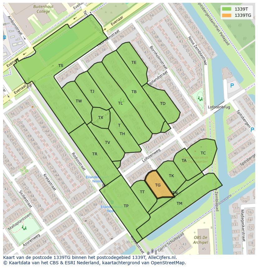 Afbeelding van het postcodegebied 1339 TG op de kaart.