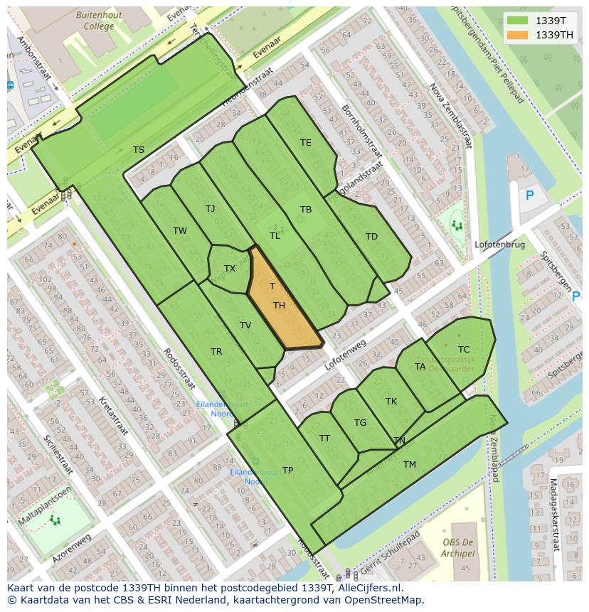 Afbeelding van het postcodegebied 1339 TH op de kaart.
