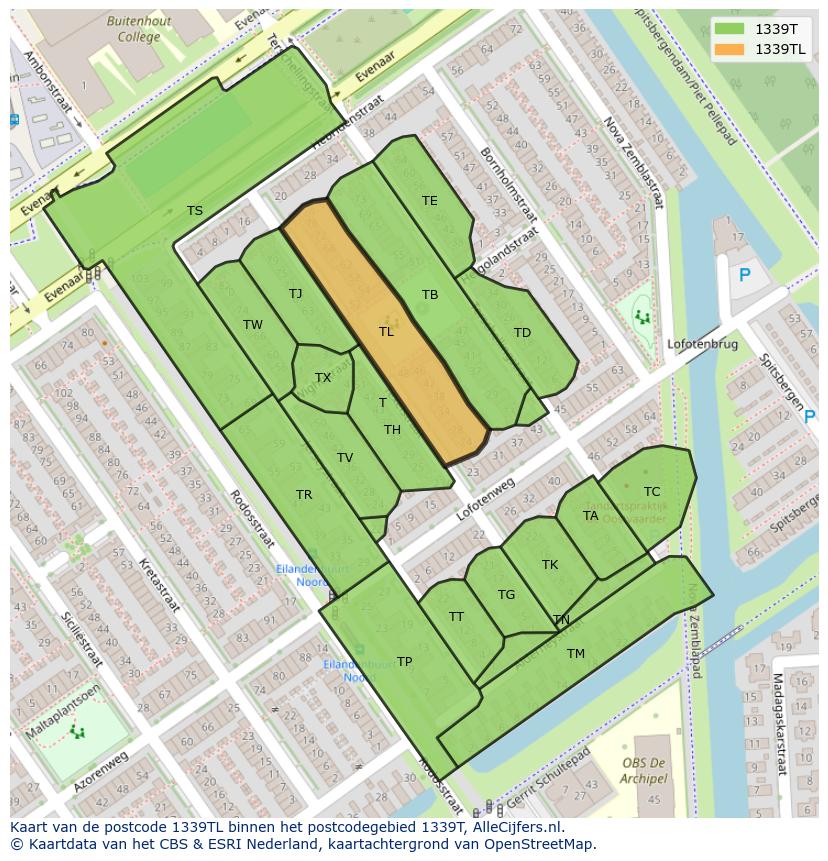 Afbeelding van het postcodegebied 1339 TL op de kaart.