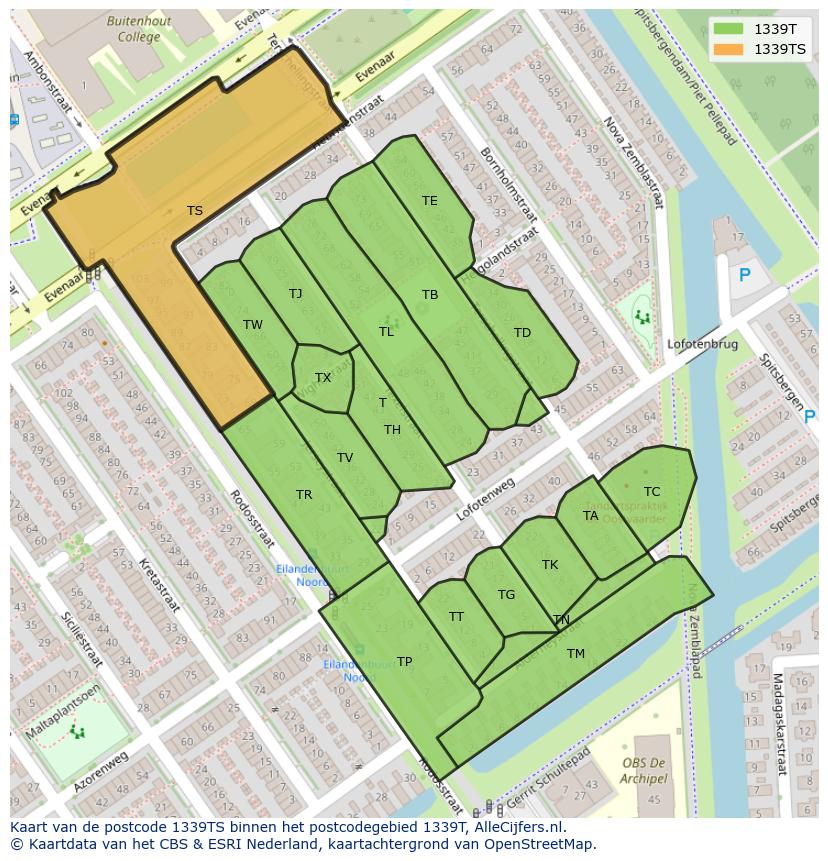 Afbeelding van het postcodegebied 1339 TS op de kaart.