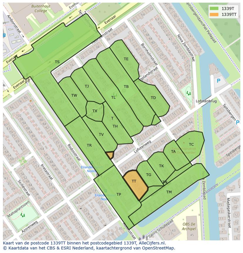 Afbeelding van het postcodegebied 1339 TT op de kaart.
