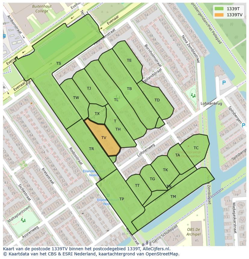 Afbeelding van het postcodegebied 1339 TV op de kaart.