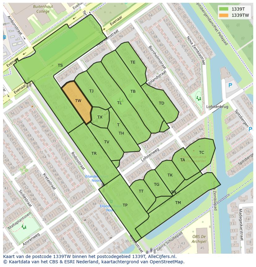 Afbeelding van het postcodegebied 1339 TW op de kaart.
