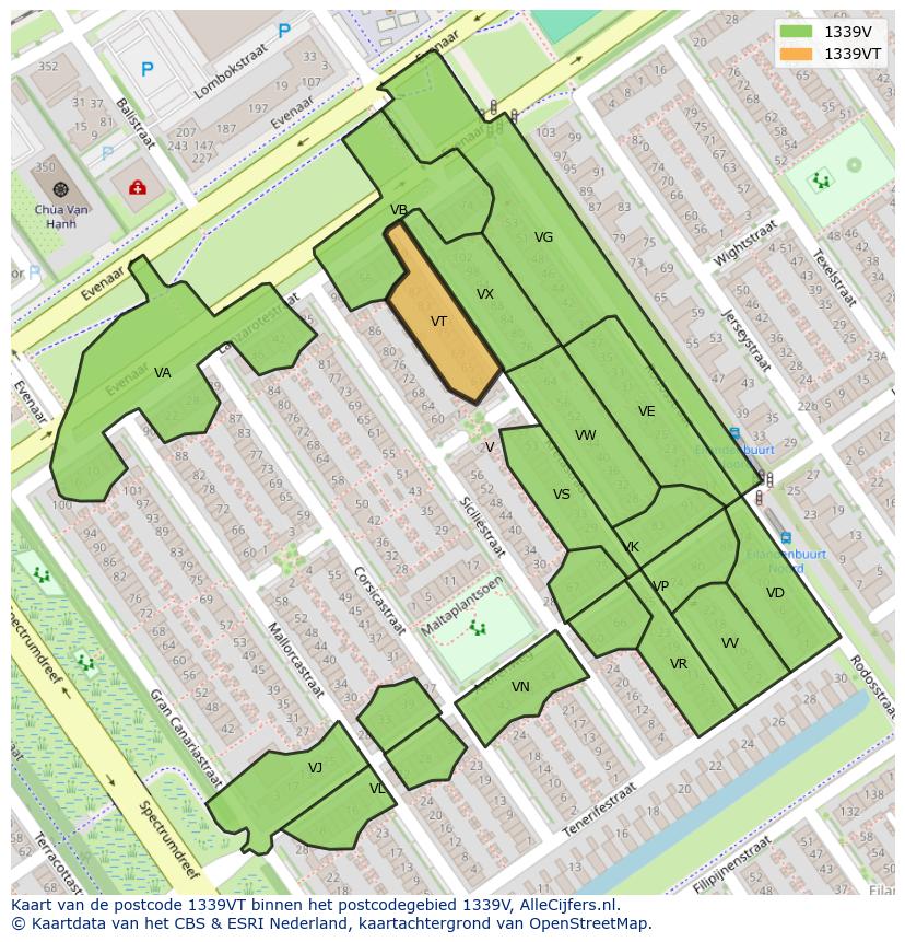 Afbeelding van het postcodegebied 1339 VT op de kaart.