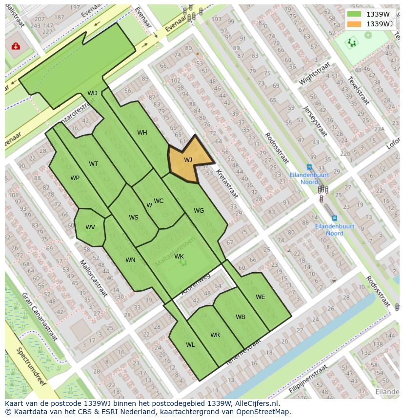 Afbeelding van het postcodegebied 1339 WJ op de kaart.