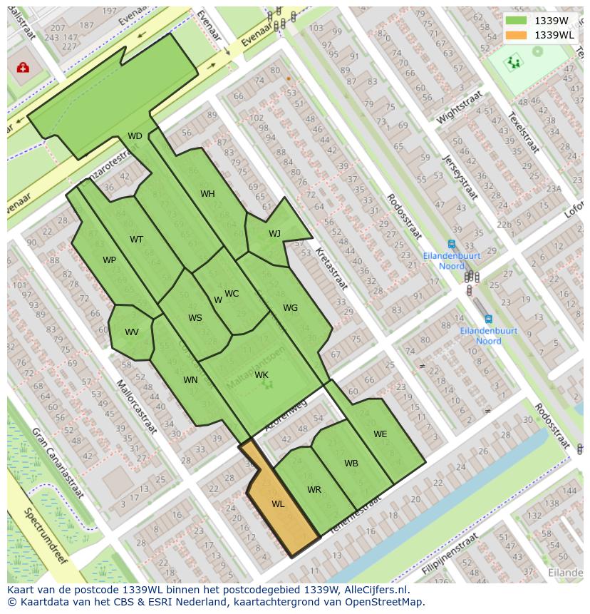 Afbeelding van het postcodegebied 1339 WL op de kaart.