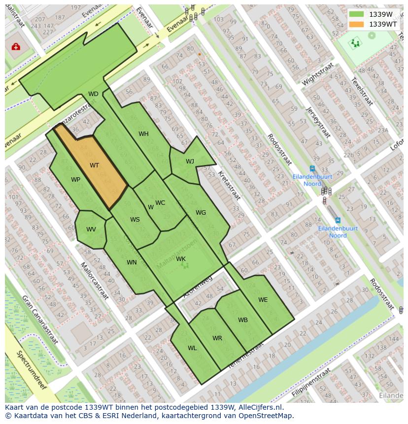 Afbeelding van het postcodegebied 1339 WT op de kaart.