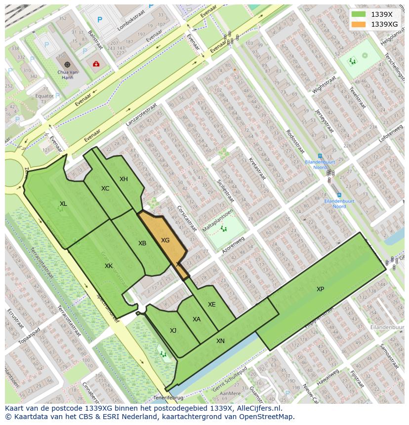 Afbeelding van het postcodegebied 1339 XG op de kaart.