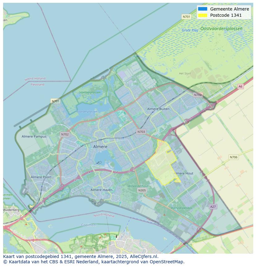 Afbeelding van het postcodegebied 1341 op de kaart.