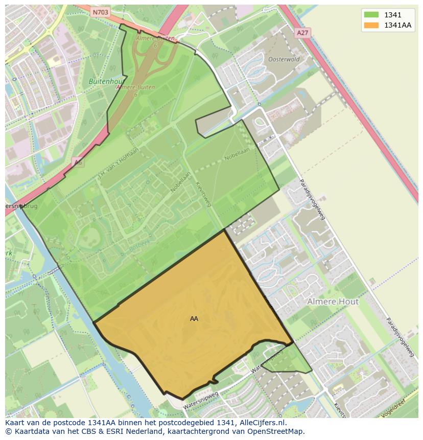 Afbeelding van het postcodegebied 1341 AA op de kaart.