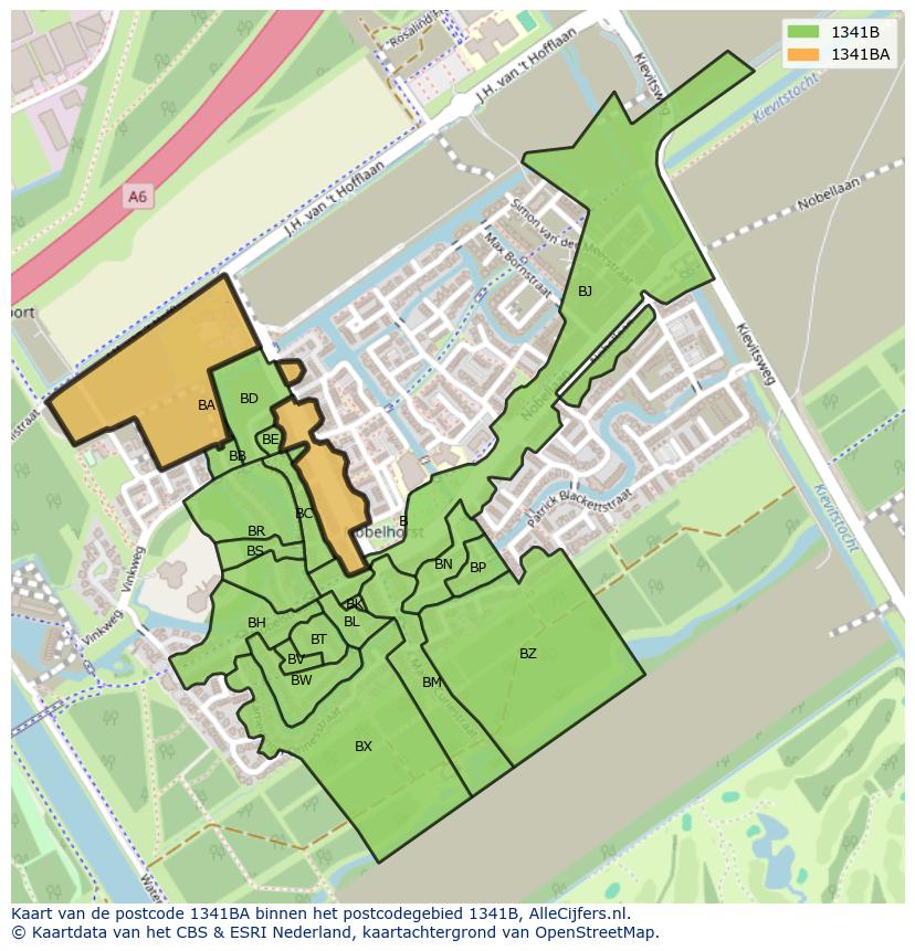 Afbeelding van het postcodegebied 1341 BA op de kaart.