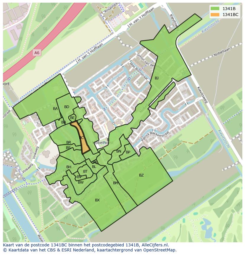 Afbeelding van het postcodegebied 1341 BC op de kaart.