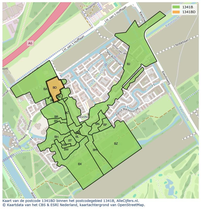 Afbeelding van het postcodegebied 1341 BD op de kaart.