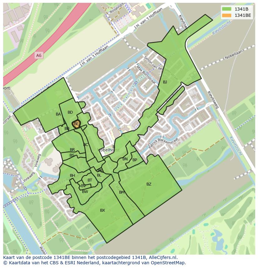 Afbeelding van het postcodegebied 1341 BE op de kaart.