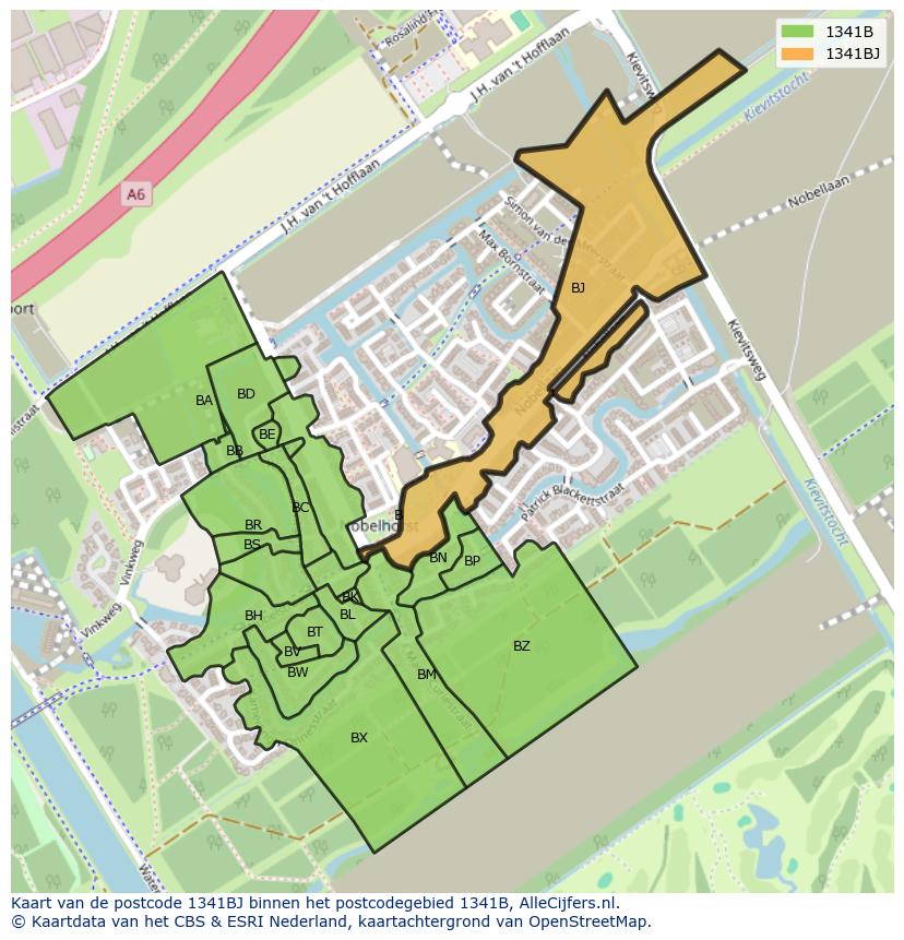 Afbeelding van het postcodegebied 1341 BJ op de kaart.