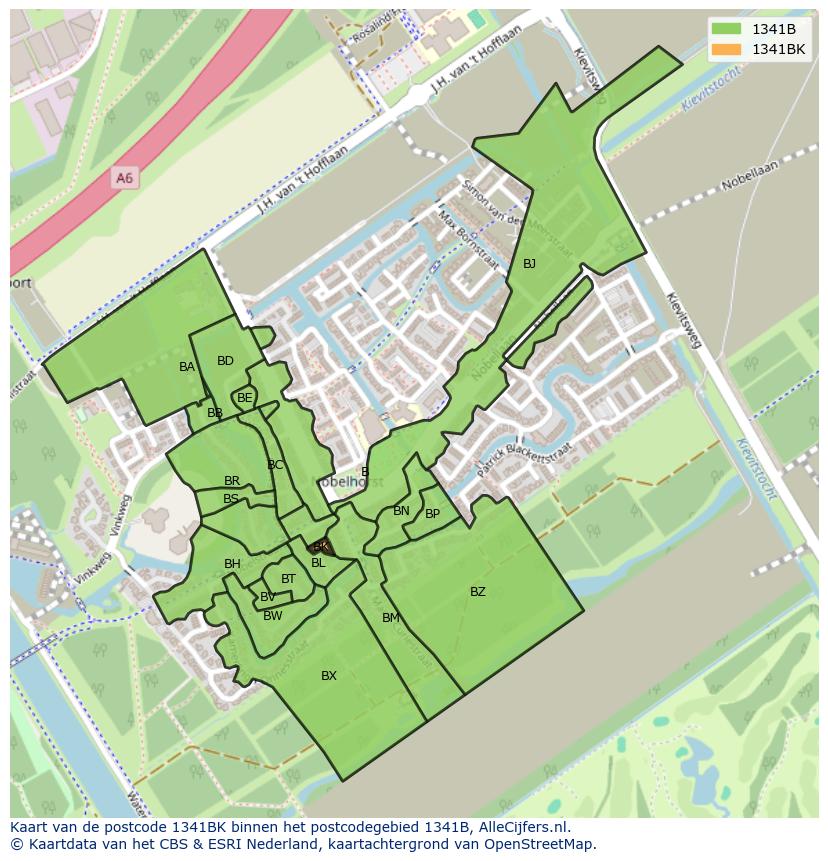 Afbeelding van het postcodegebied 1341 BK op de kaart.