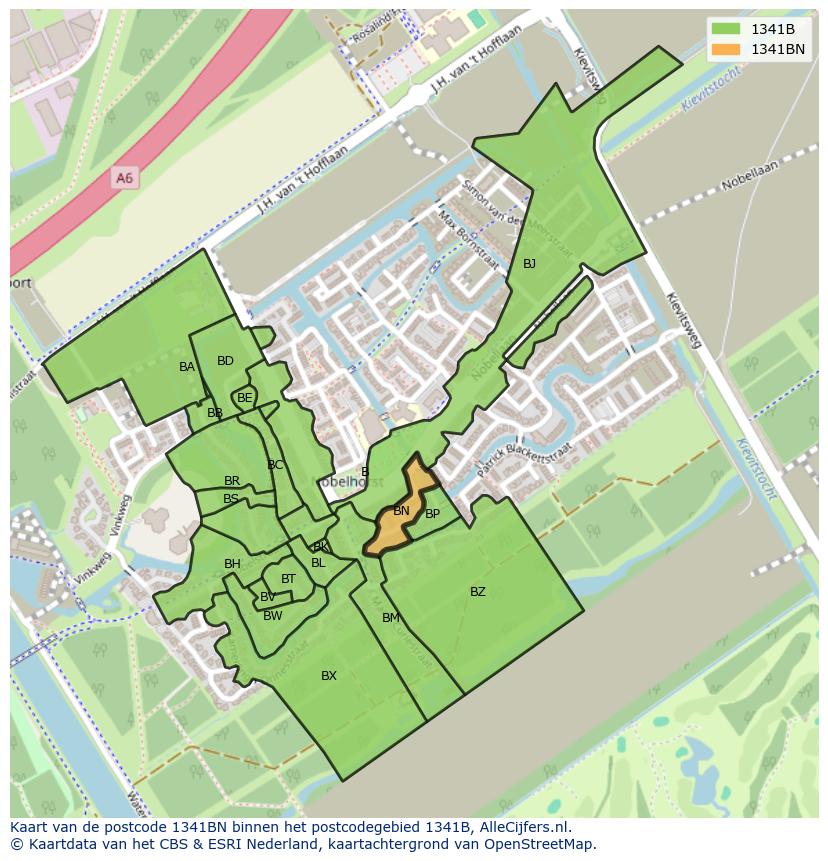 Afbeelding van het postcodegebied 1341 BN op de kaart.