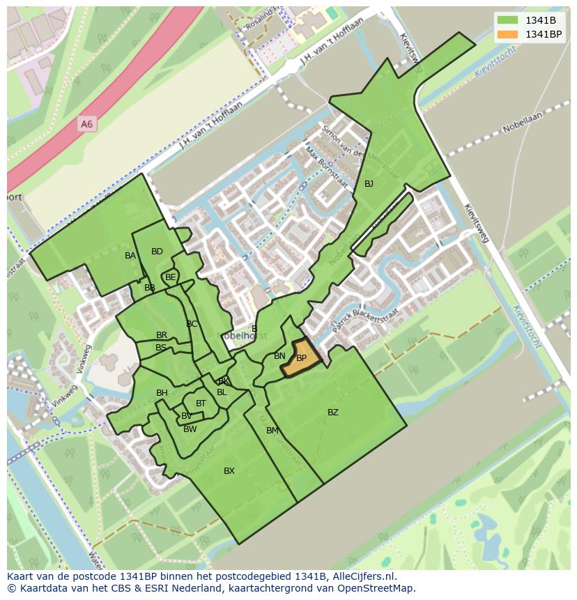Afbeelding van het postcodegebied 1341 BP op de kaart.