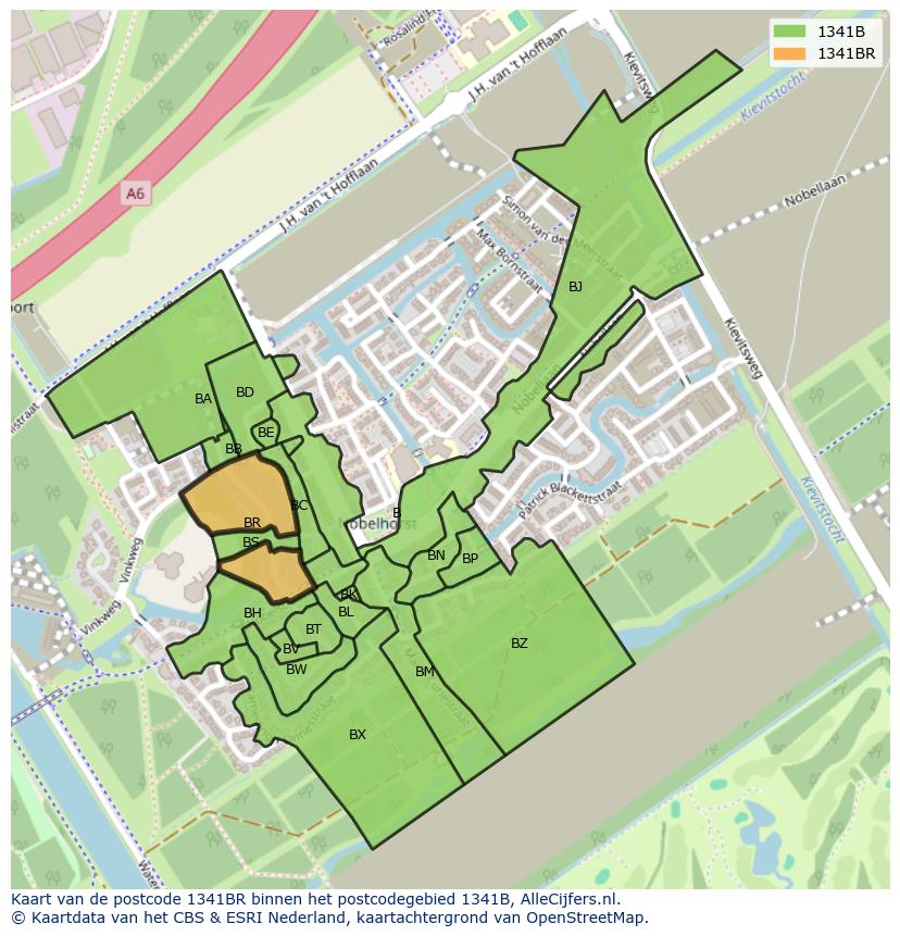 Afbeelding van het postcodegebied 1341 BR op de kaart.