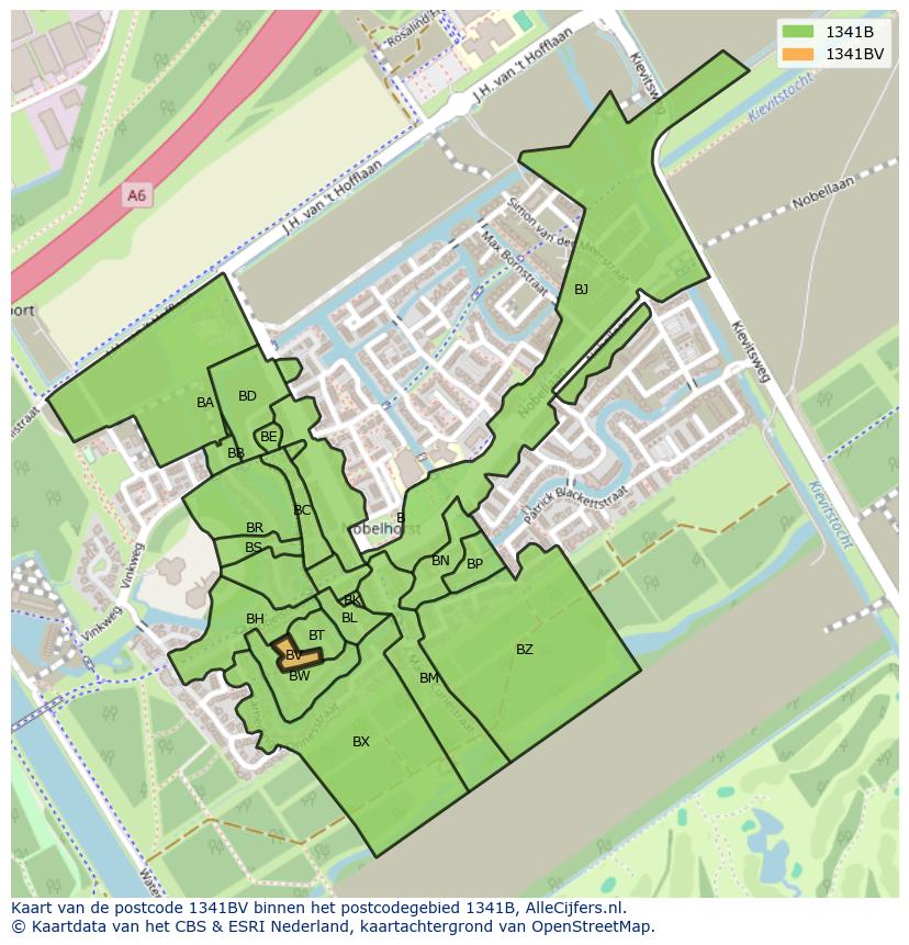 Afbeelding van het postcodegebied 1341 BV op de kaart.