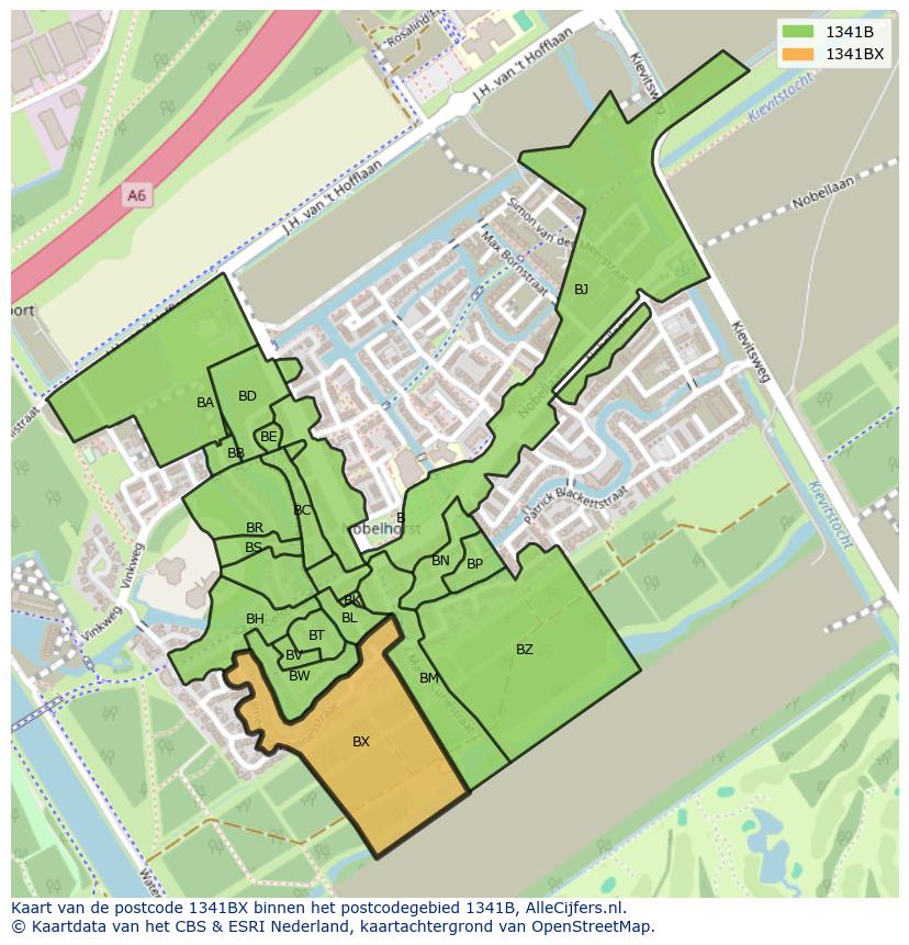 Afbeelding van het postcodegebied 1341 BX op de kaart.