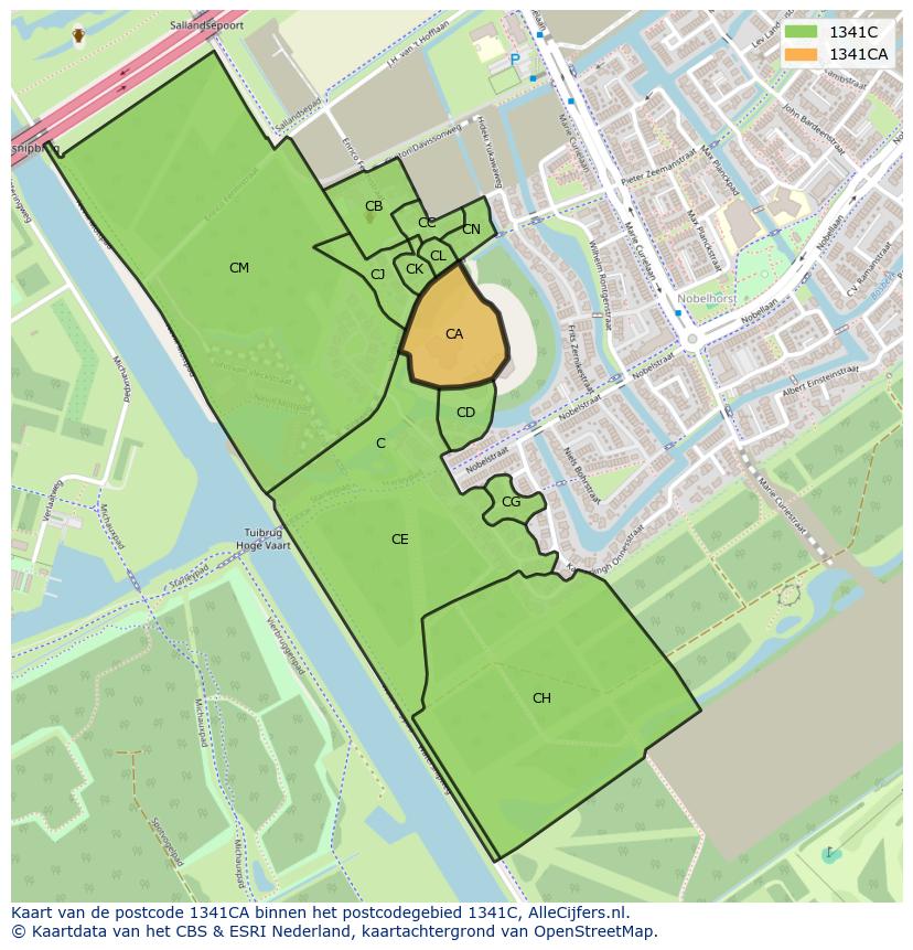 Afbeelding van het postcodegebied 1341 CA op de kaart.