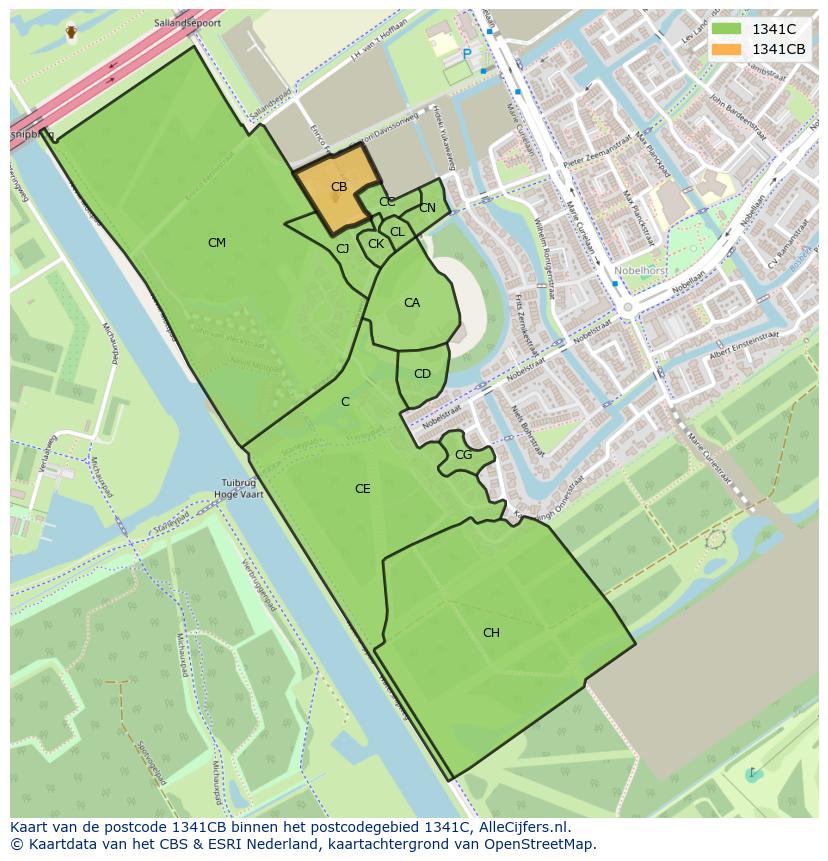 Afbeelding van het postcodegebied 1341 CB op de kaart.